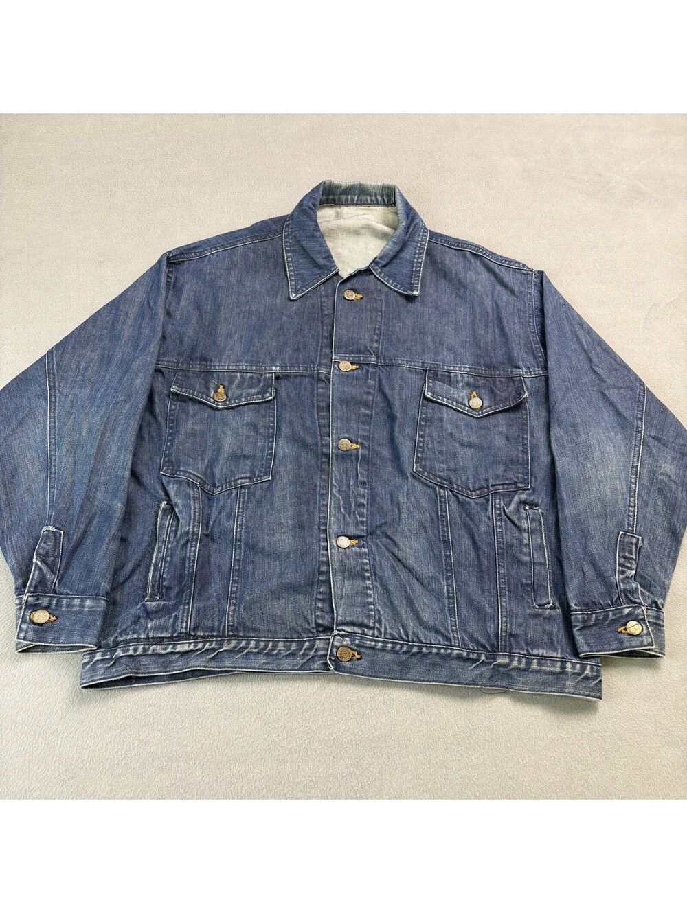 Vintage 90s Knockout Jeans Denim Jean Trucker Jacket Size XL Blue Baggy Hip Hop